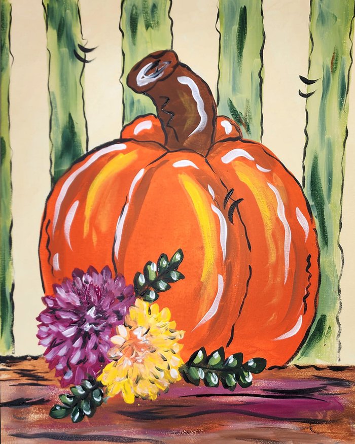 Fall Pumpkin painting — an orange pumpkin with purple and yellow mums in front of a green striped wall