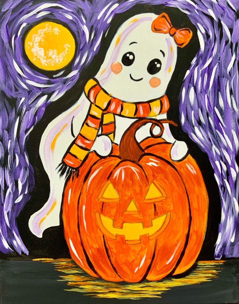 Ghost & Pumpkin painting — a smiling ghost in a striped scarf hugging a jack-o'-lantern under a full moon