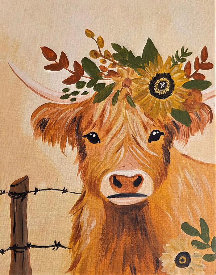 Honey the Highlander painting — a shaggy highland cow wearing a sunflower crown beside a barbed-wire fence